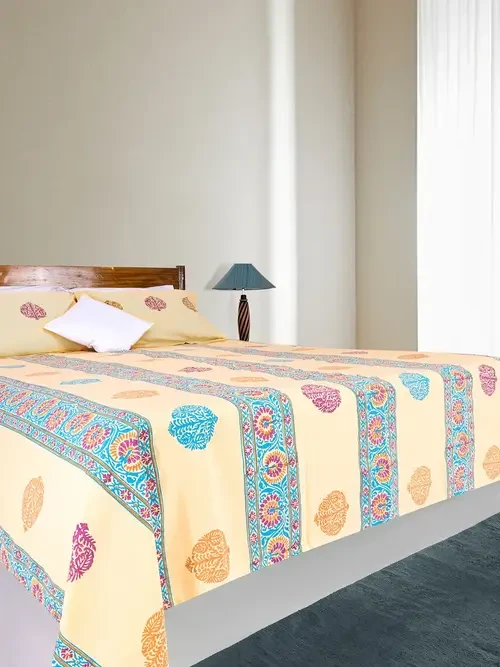 Pale Yellow Printed Cotton Bed Cover Set